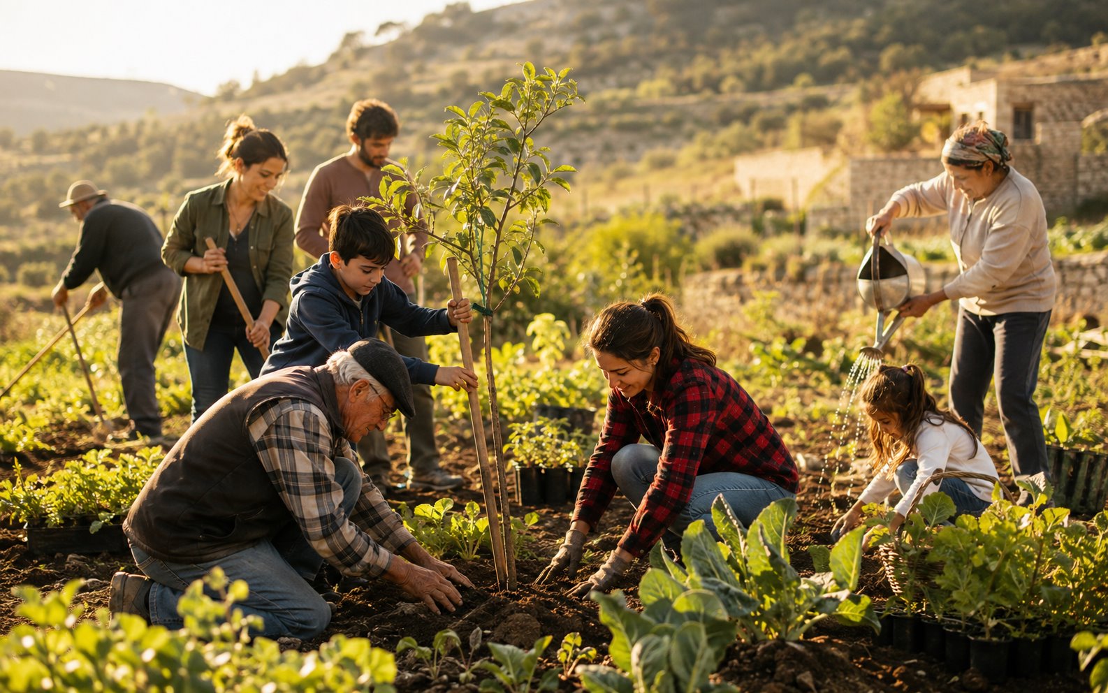 Volontari di diverse generazioni piantano un giovane albero